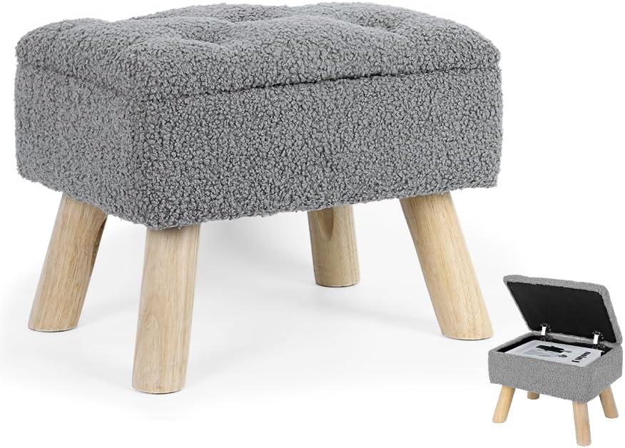Storage Ottoman, Small Foot Stool Ottoman with Storage, Boucle Teddy Velvet Foot Rest with Padded Seat, Sturdy Wood Legs Stool for Living Room, Bedroom, Couch, Enterway (Cream)