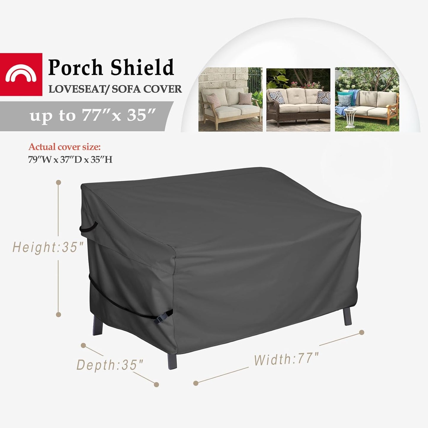 Porch Shield Waterproof Outdoor Furniture Sofa Cover – Patio 3-Seater Couch Cover 77W x 35D x 35H inch, Black