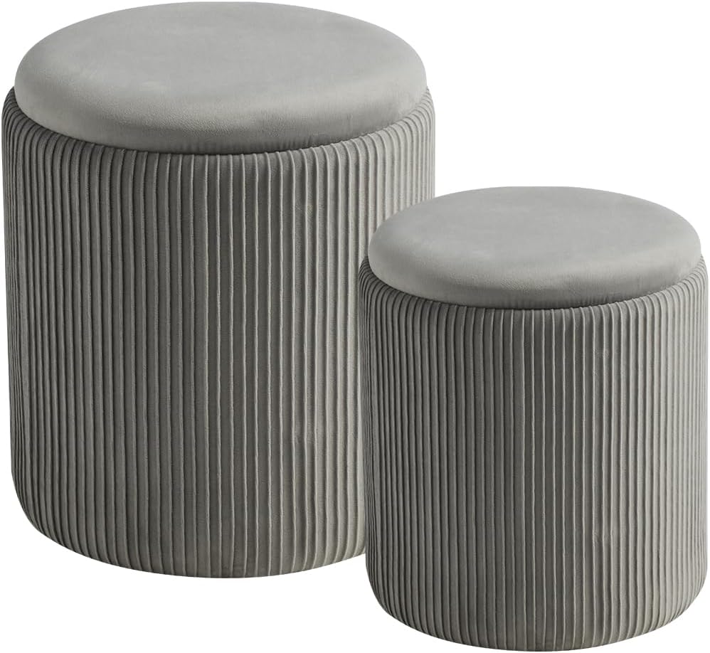 Round Set of 2 Ottoman with Storage-Upholstered Velvet Vanity Stool for Makeup Multifunctional Ottomans Coffee Table Padded Seat Foot Rest for Living Room&Bedroom（White）