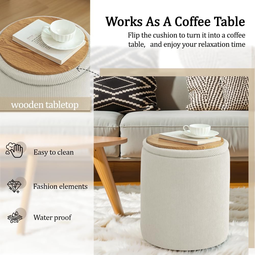 YSICK Round Ottoman with Storage, Set of 2, Small Vanity Stool as Vanity Chair, Corduroy Ottoman Foot Rest for Small Space, Living Room, Bedroom, Beige