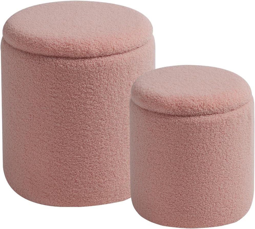 Round Set of 2 Ottoman with Storage-Upholstered Velvet Vanity Stool for Makeup Multifunctional Ottomans Coffee Table Padded Seat Foot Rest for Living Room&Bedroom（White）
