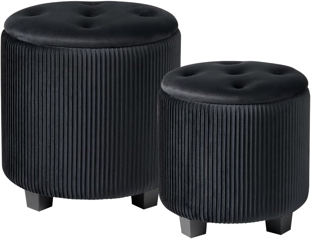 Round Set of 2 Ottoman with Storage-Upholstered Velvet Vanity Stool for Makeup Multifunctional Ottomans Coffee Table Padded Seat Foot Rest for Living Room&Bedroom（White）