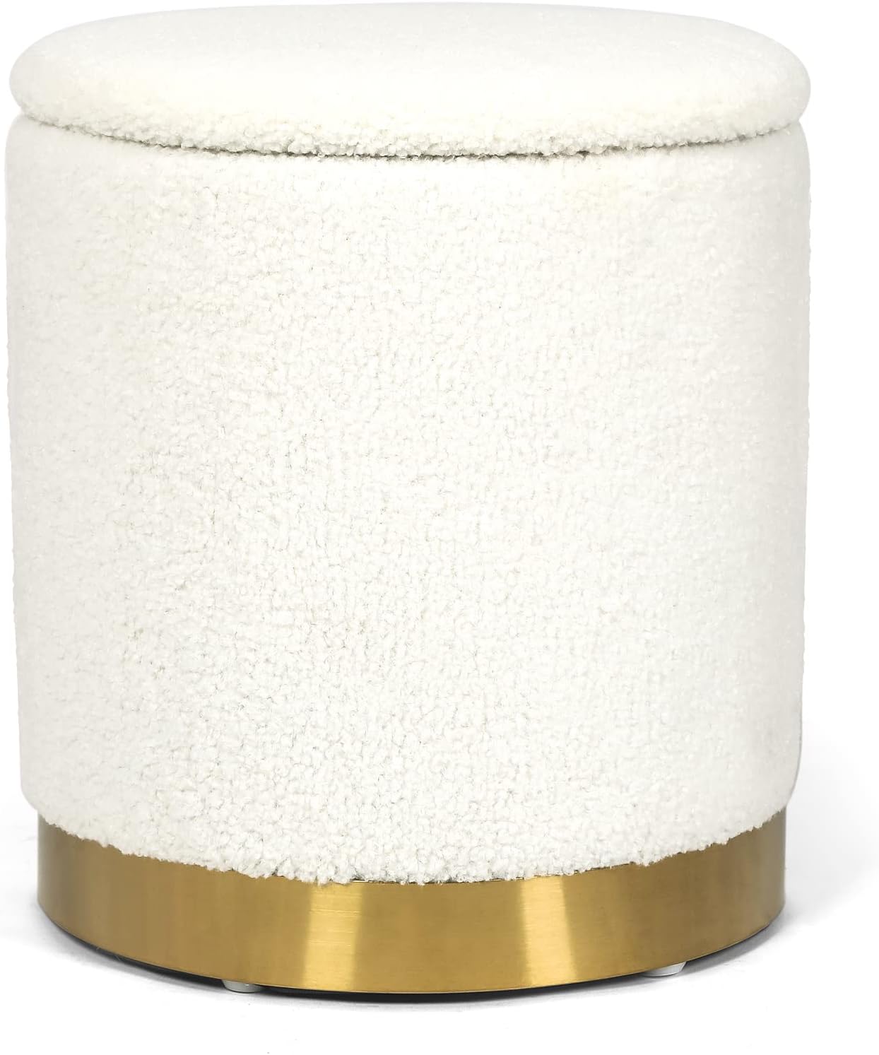 Joveco Boucle Round Storage Ottoman with Removable Lid, Small Upholstered Foot Rest Stool with Gold Plating Base, for Dorm Living Room Bedroom, White