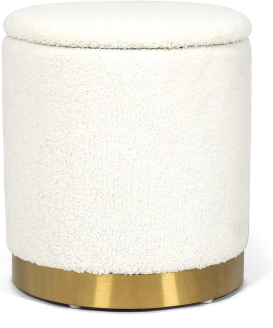 Joveco Boucle Round Storage Ottoman with Removable Lid, Small Upholstered Foot Rest Stool with Gold Plating Base, for Dorm Living Room Bedroom, White