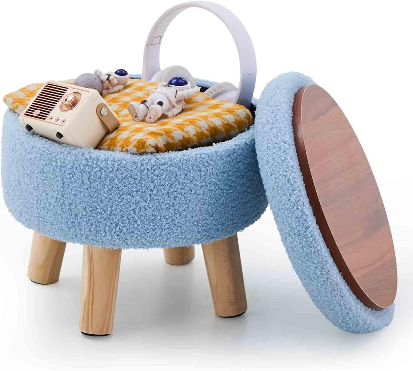 Wimarsbon Storage Ottoman, Modern Round Footrest with Soft Padded Seat, Teddy Velvet Footstool with Wood Legs, Accent Small Table or Plant Stand for Hallway, Living Room (Cream)
