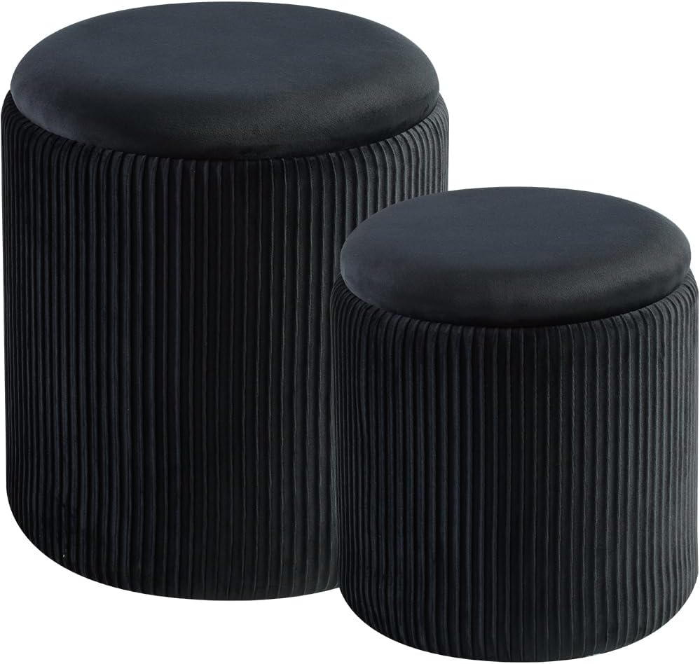 Round Set of 2 Ottoman with Storage-Upholstered Velvet Vanity Stool for Makeup Multifunctional Ottomans Coffee Table Padded Seat Foot Rest for Living Room&Bedroom（White）