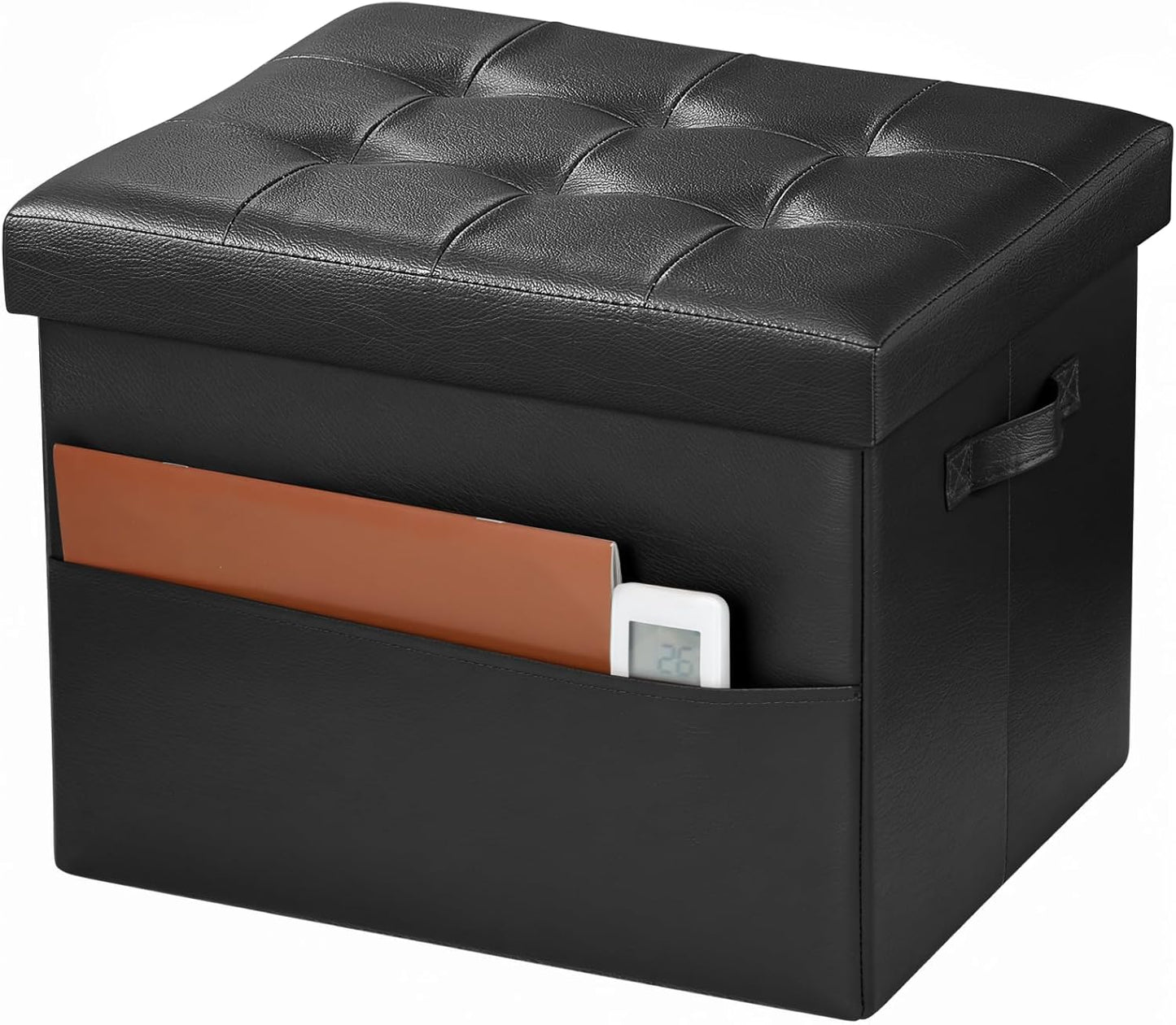 Storage Ottoman, Folding Foot Stool with Thicker Foam Padded Seat Small Leather Storage Ottoman Bench Foot Rest for Living Room Foldable Coffee Table 17x13x13in,Black