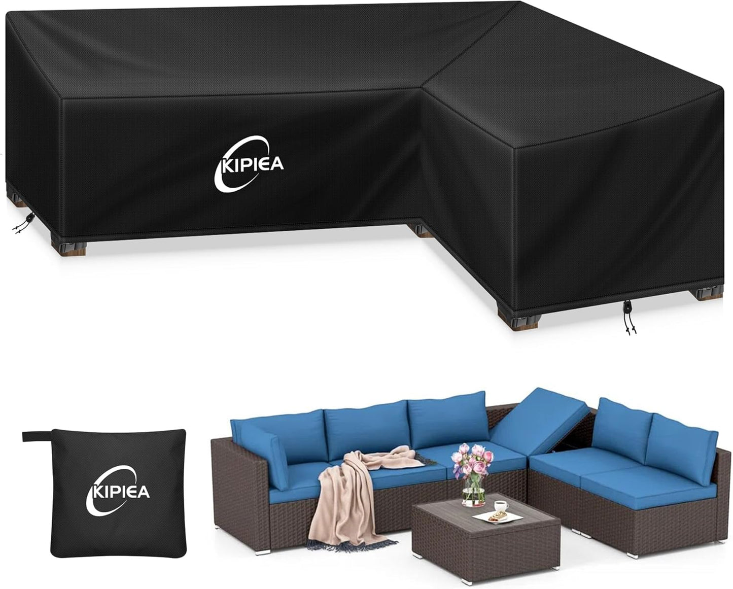 Kipiea Patio V-Shaped Sectional Sofa Cover, 420D Heavy-Duty Oxford Fabric Outdoor Sectional Cover with 6 Windproof Buckles, Anti UV and No Tears, No Fading (85"/85" L x 33.5" D x 31" H) Black