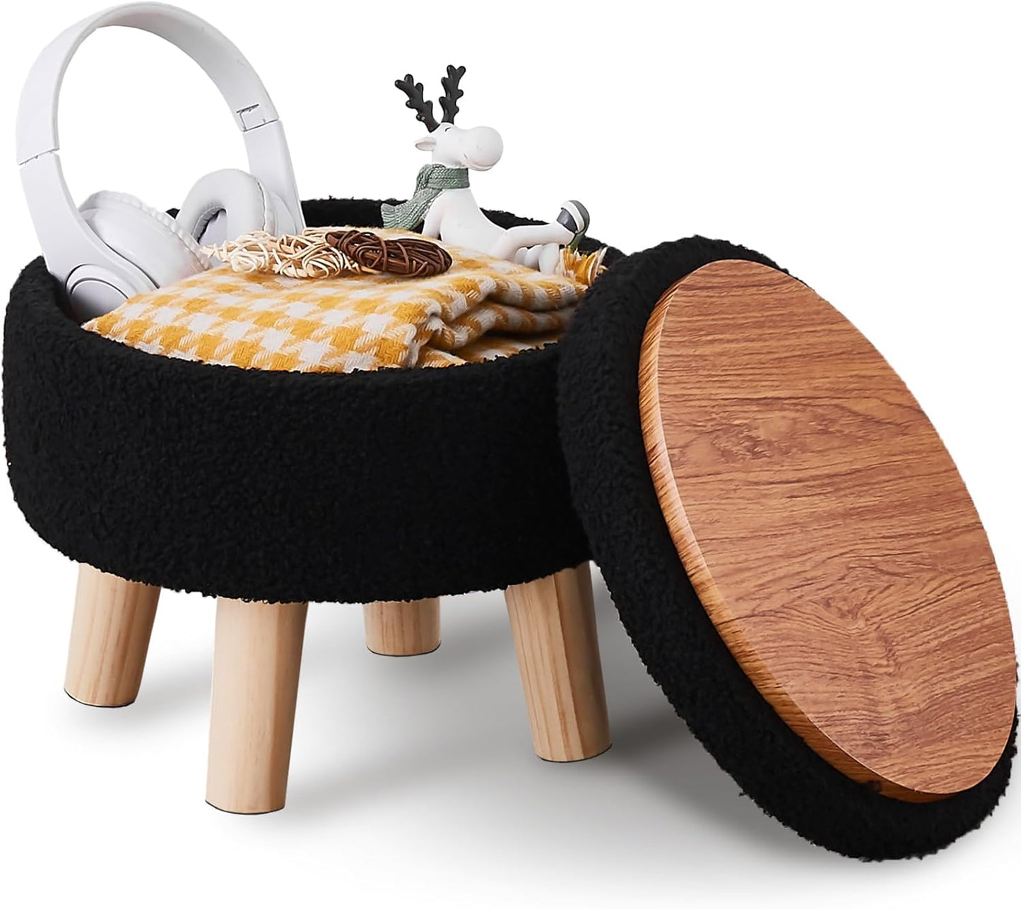 Wimarsbon Storage Ottoman, Modern Round Footrest with Soft Padded Seat, Teddy Velvet Footstool with Wood Legs, Accent Small Table or Plant Stand for Hallway, Living Room (Cream)