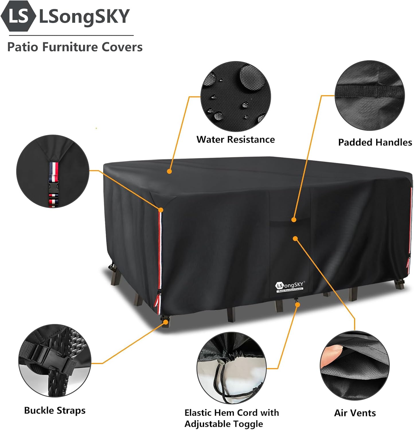 Outdoor Furniture Covers Waterproof,600D Heavy Duty Patio Cover for 6/7/8 PCS Sets Sectional Sofa Couch Dining Rocking Swivel Chairs Ottomans Coffee Table,111L x 74W x 28H inch Black