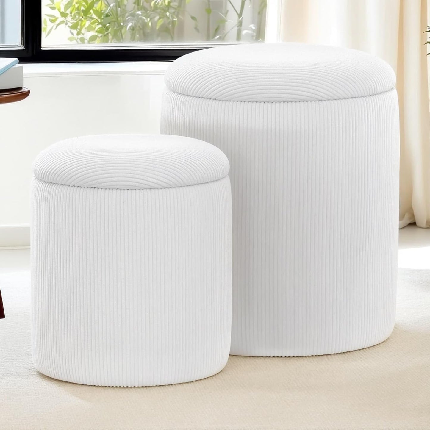 YSICK Round Ottoman with Storage, Set of 2, Small Vanity Stool as Vanity Chair, Corduroy Ottoman Foot Rest for Small Space, Living Room, Bedroom, Beige