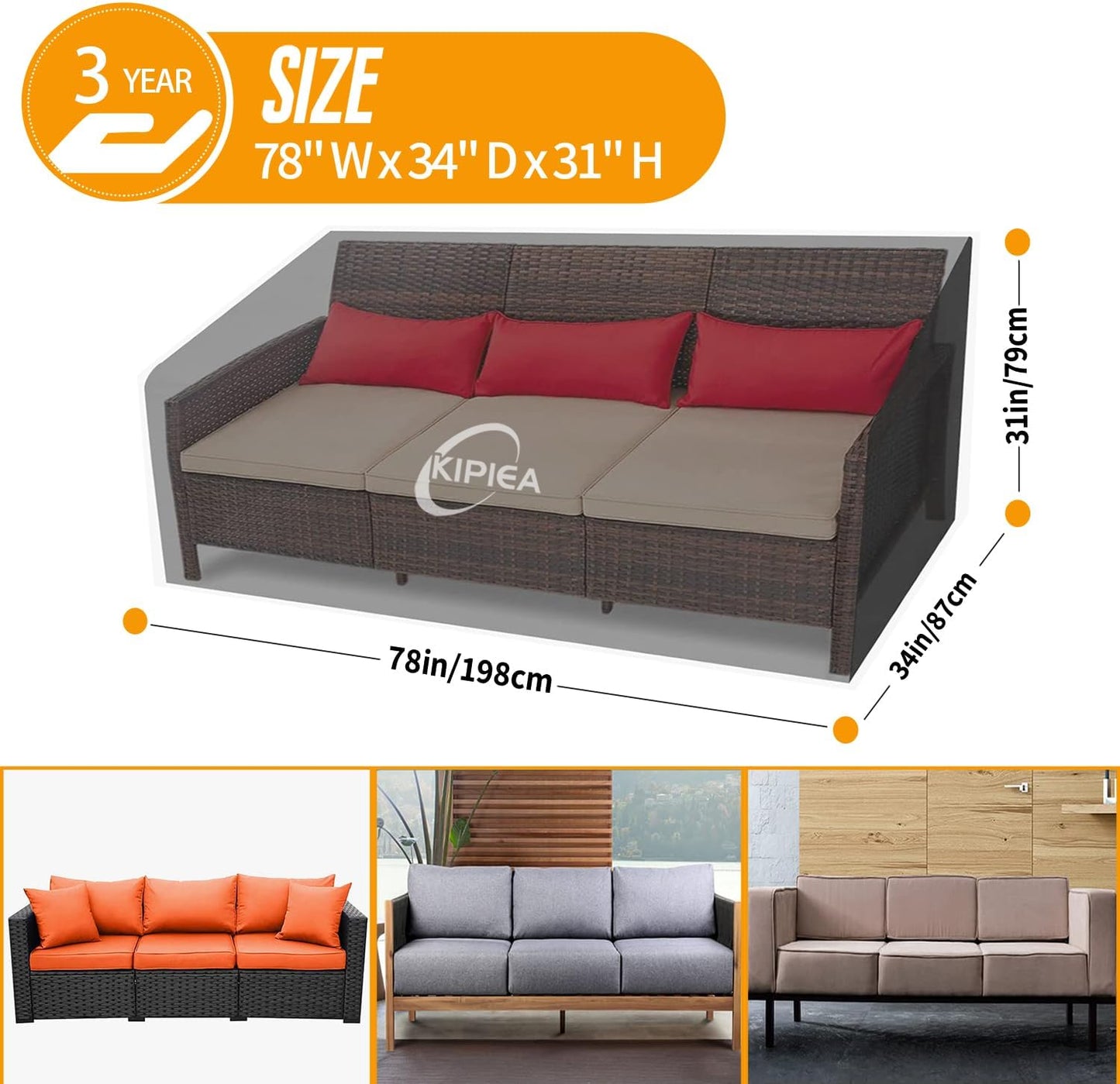 Kipiea Patio Sofa Cover, Heavy Duty Outdoor Couch Covers Waterproof Winter, 3-Seat Patio Furniture Cover Loveseat, Outdoor Sofa Covers with Anti UV and No Tears, No Fading (78" W x 34" D x 31" H)