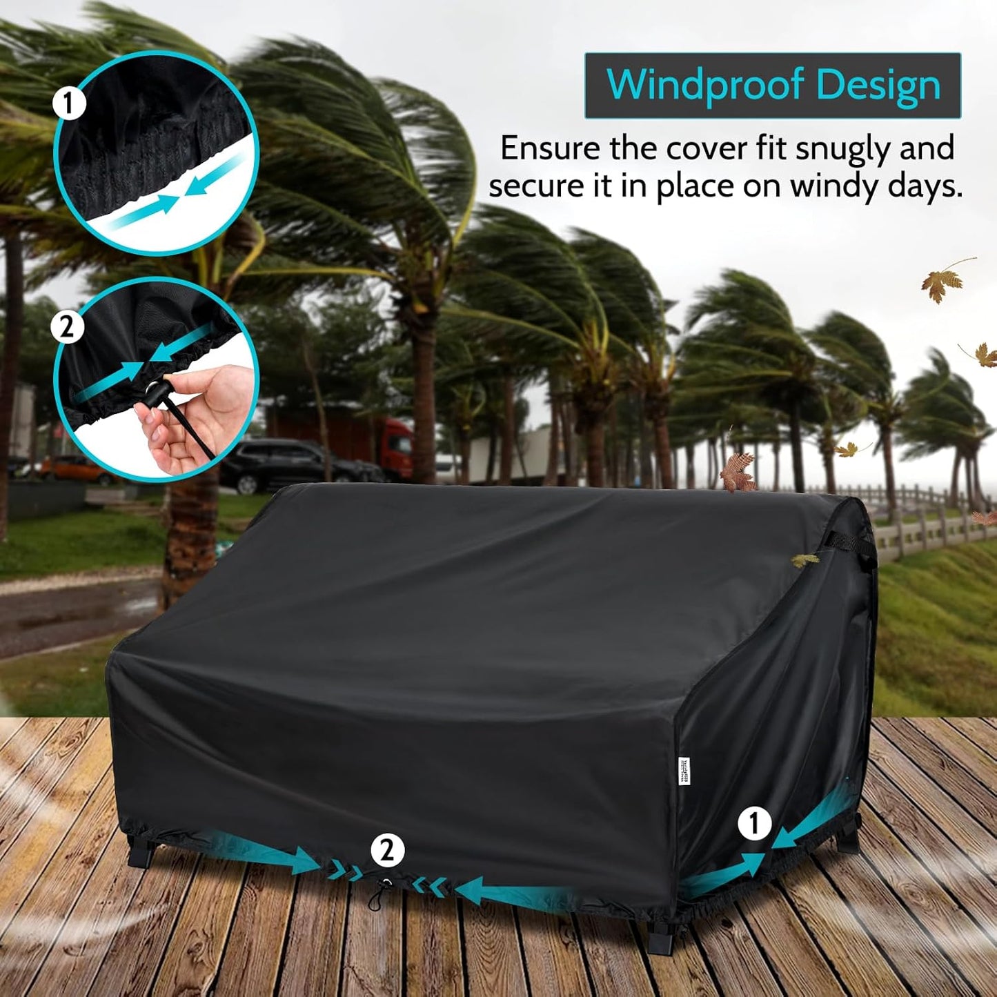 Waterproof 88W×40D×33H Outdoor Sofa Cover - Heavy-Duty 3-Seater Patio Bench Protector, Fits 86-88 Inch Furniture with Anti-Wind Straps & Air Vents, All-Weather Black