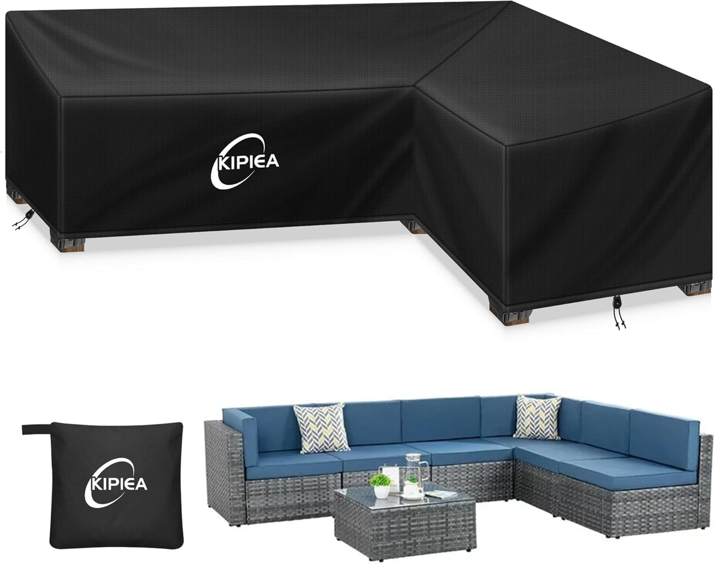 Kipiea Patio V-Shaped Sectional Sofa Cover, 420D Heavy-Duty Oxford Fabric Outdoor Sectional Cover with 6 Windproof Buckles, Anti UV and No Tears, No Fading (85"/85" L x 33.5" D x 31" H) Black