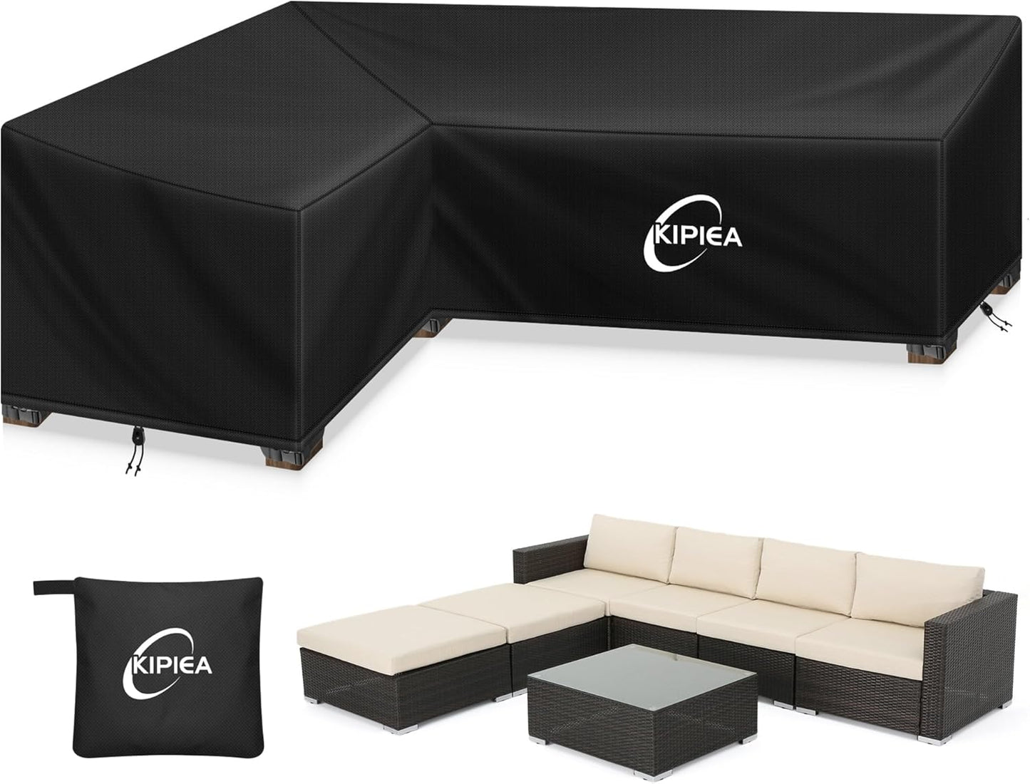Kipiea Patio V-Shaped Sectional Sofa Cover, 420D Heavy-Duty Oxford Fabric Outdoor Sectional Cover with 6 Windproof Buckles, Anti UV and No Tears, No Fading (85"/85" L x 33.5" D x 31" H) Black