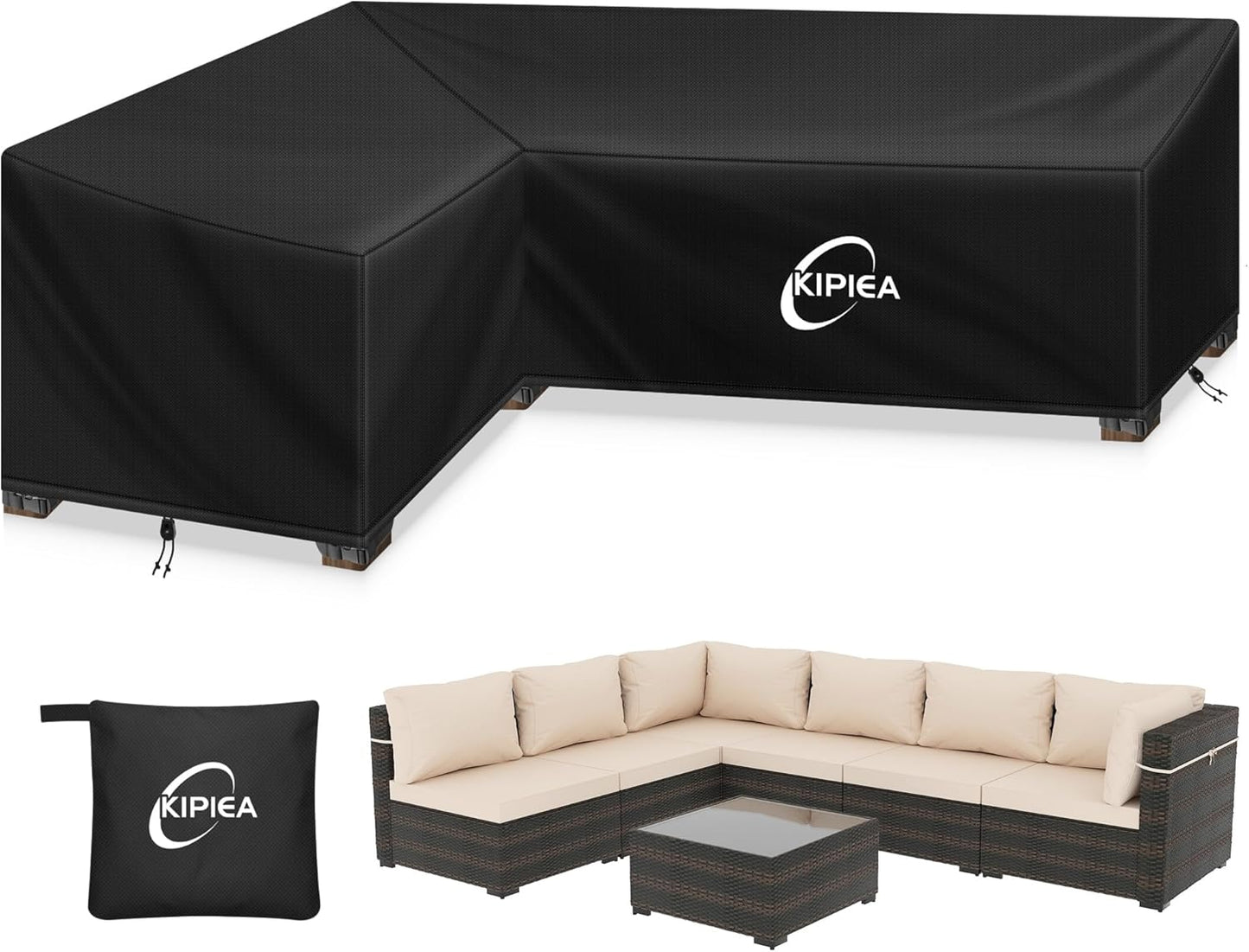 Kipiea Patio V-Shaped Sectional Sofa Cover, 420D Heavy-Duty Oxford Fabric Outdoor Sectional Cover with 6 Windproof Buckles, Anti UV and No Tears, No Fading (85"/85" L x 33.5" D x 31" H) Black