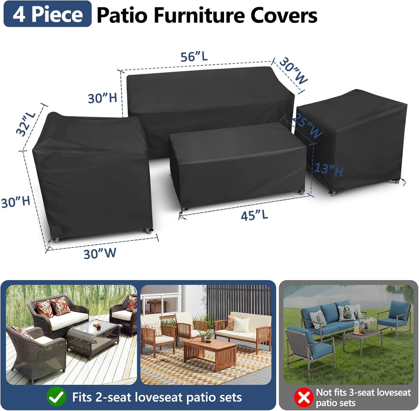 STARTWO Outdoor Furniture Cover Waterproof, 4 Piece Patio Furniture Set Cover for Outside Couch, Lawn Chairs, Coffee Table, Windproof with Buckle Strap, Black
