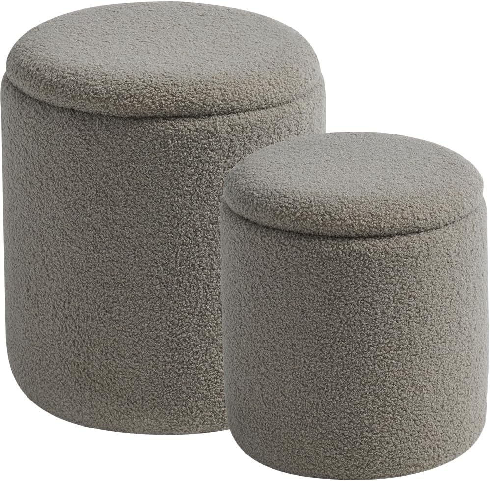 Round Set of 2 Ottoman with Storage-Upholstered Velvet Vanity Stool for Makeup Multifunctional Ottomans Coffee Table Padded Seat Foot Rest for Living Room&Bedroom（White）