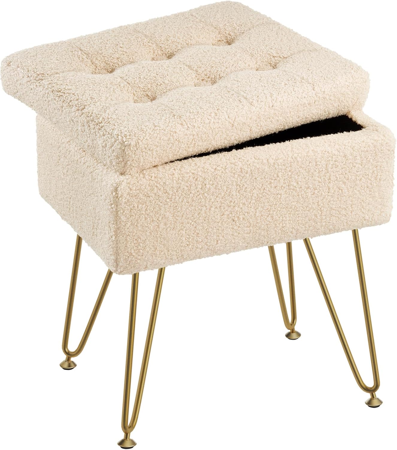 Seventable Vanity Stool Chair with Storage, Teddy Velvet Soft Ottoman, 4 Metal Legs with Anti-Slip Feet, Furry Padded Seat, Multifunctional Stool for Makeup, Footstool, Bedroom, Pink