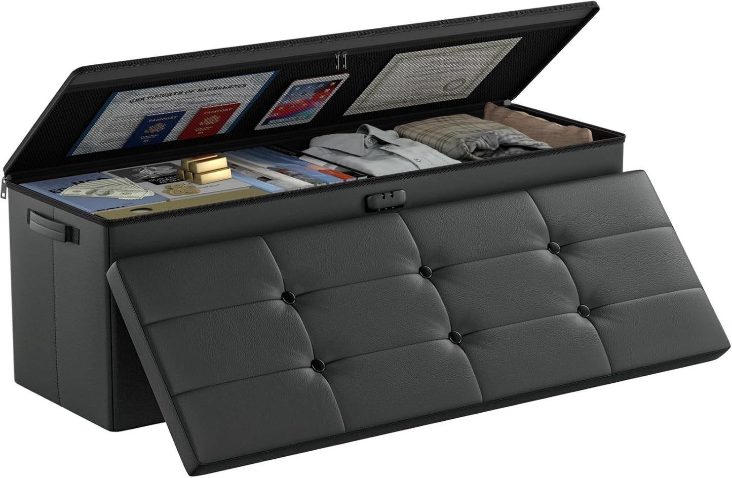 DocSafe Storage Ottoman with Lock,Fireproof Folding Ottoman Foot Rest Stool Storage Chest with Storage Safe for Important Documents,Waterproof 17 Inches Short Ottoman Foot Stool with Handles,Black