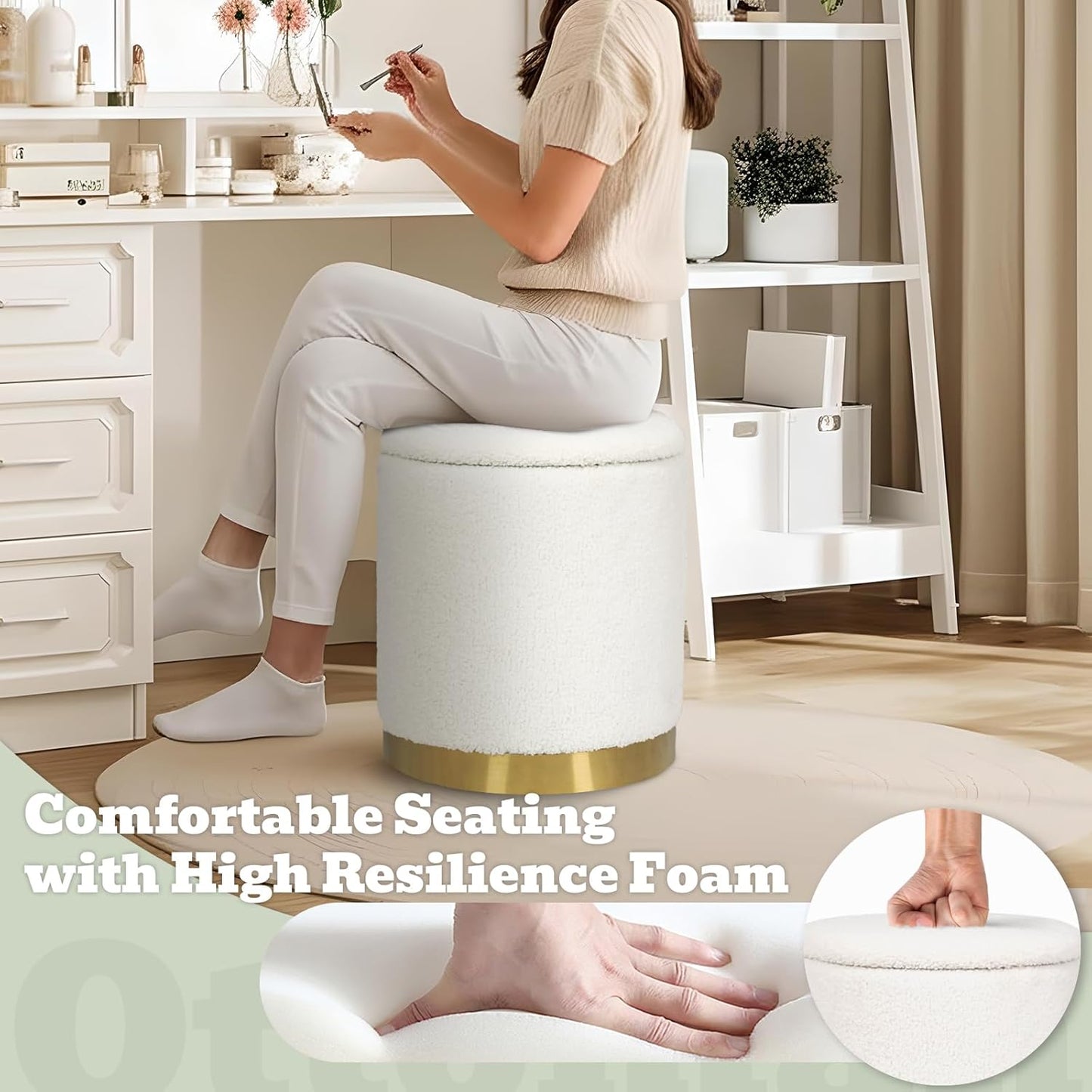 Joveco Boucle Round Storage Ottoman with Removable Lid, Small Upholstered Foot Rest Stool with Gold Plating Base, for Dorm Living Room Bedroom, White