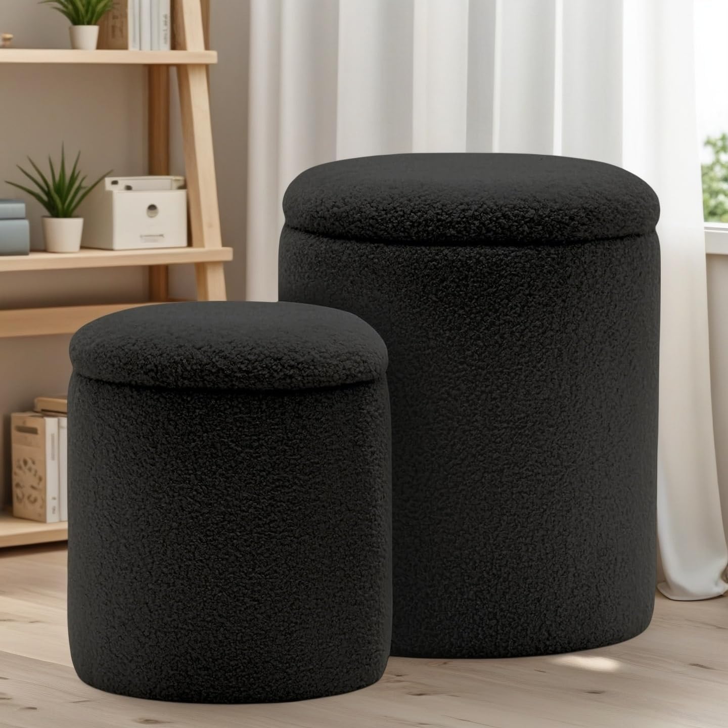 YSICK Round Ottoman with Storage, Set of 2, Small Vanity Stool as Vanity Chair, Corduroy Ottoman Foot Rest for Small Space, Living Room, Bedroom, Beige