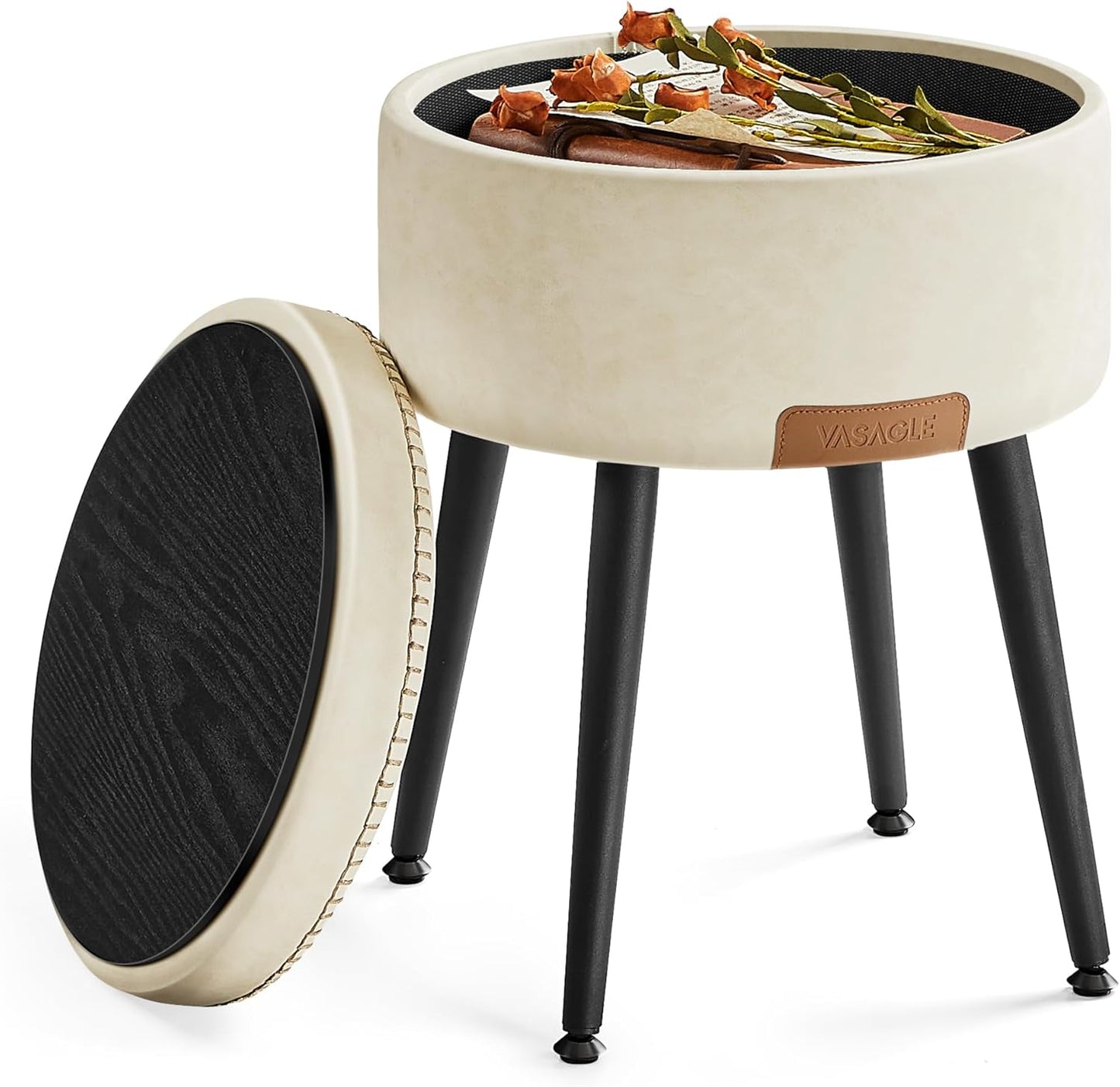 VASAGLE EKHO Collection - Storage Ottoman, Vanity Chair Stool, Synthetic Leather with Stitching, Mid-Century Modern, Round Storage Seat with Steel Legs, Loads 330 lb, Ink Black ULOM005B01