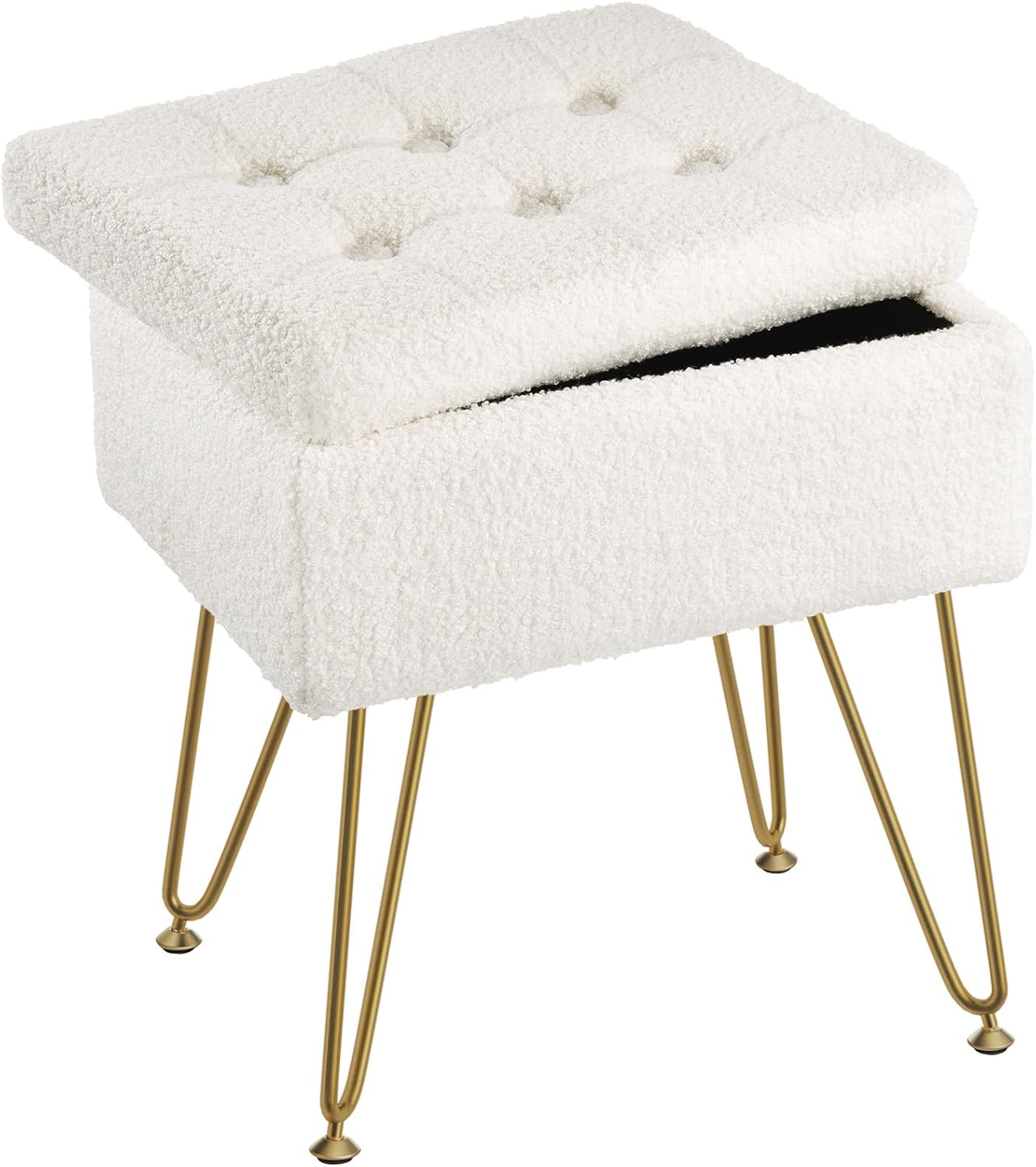 Seventable Vanity Stool Chair with Storage, Teddy Velvet Soft Ottoman, 4 Metal Legs with Anti-Slip Feet, Furry Padded Seat, Multifunctional Stool for Makeup, Footstool, Bedroom, Pink