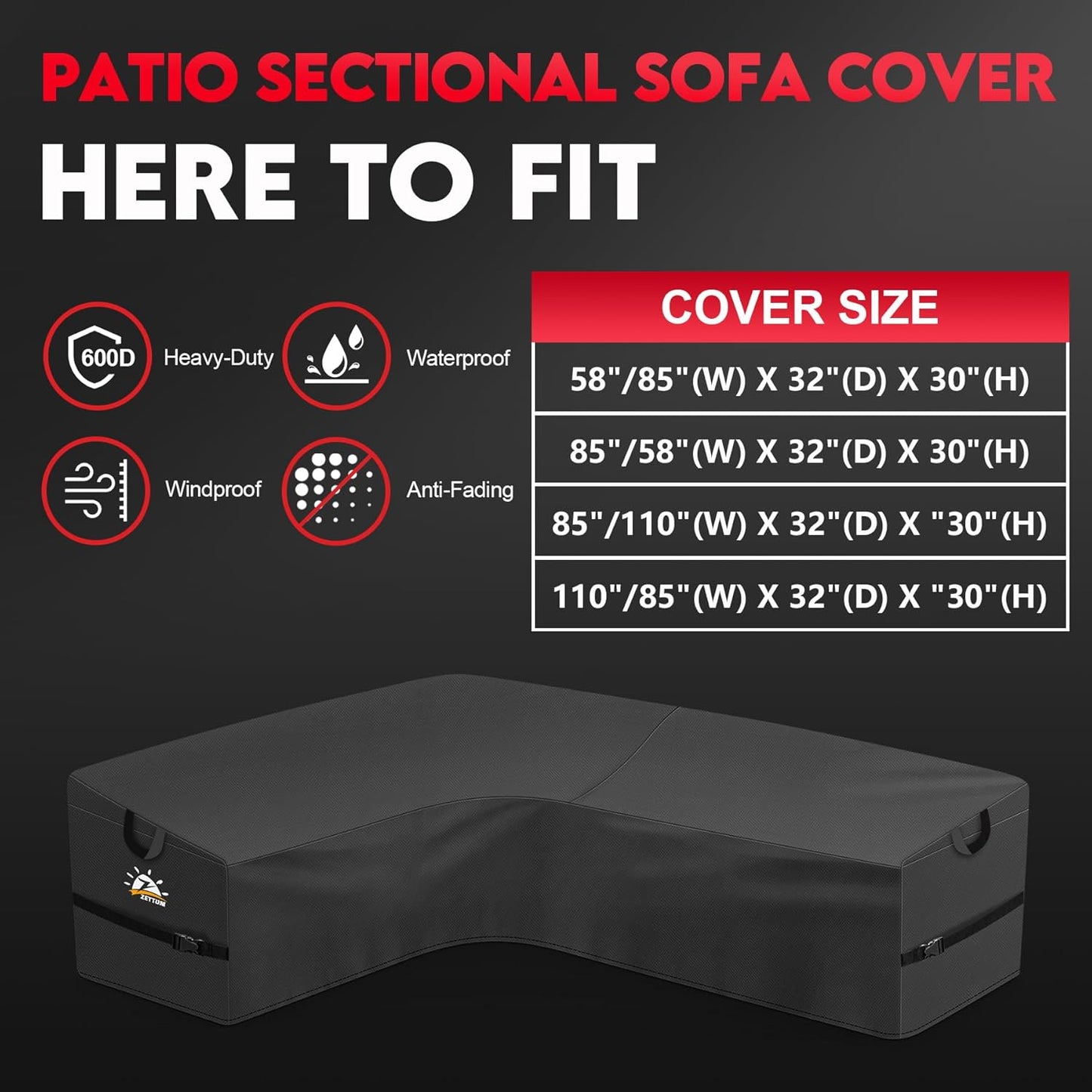 Outdoor L-Shaped Sectional Cover - 600D Patio Sectional Sofa Cover, Waterproof Patio Furniture Covers for 6-Seater Outdoor Sectional Sofa and Couch, Left Facing, 85x110 Inch Wide