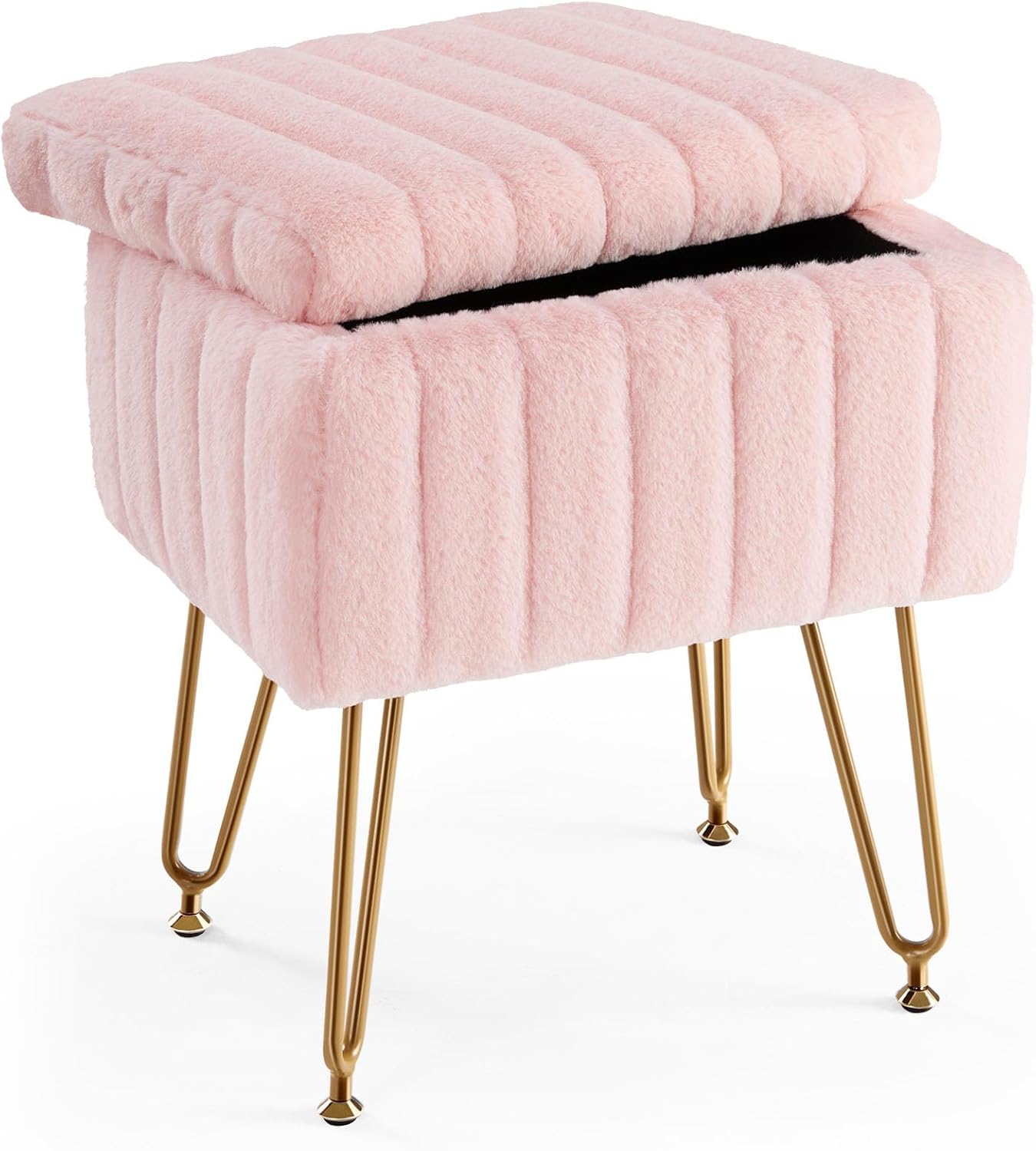 Sweetcrispy Vanity Stool Chair with Storage, Ottoman Faux Fur Soft Padded Makeup Footstools Seat with 4 Metal Legs Anti-Slip Adjustable Feet Modern Cute Small Footrest for Home Entryway Bedroom White