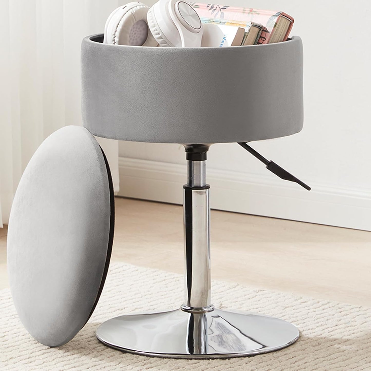 Adjustable Ottoman Stool White Vanity Stool Vanity Chair for Makeup Room Stool Chair for Vanity Stool with Storage Makeup Stools with Storage Swivel Makeup Chair for Bathroom Faux Leather