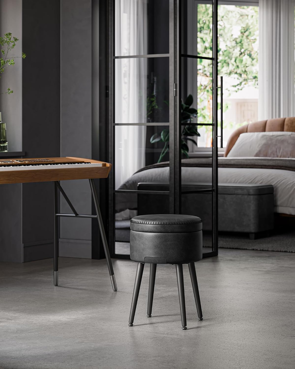VASAGLE EKHO Collection - Storage Ottoman, Vanity Chair Stool, Synthetic Leather with Stitching, Mid-Century Modern, Round Storage Seat with Steel Legs, Loads 330 lb, Ink Black ULOM005B01