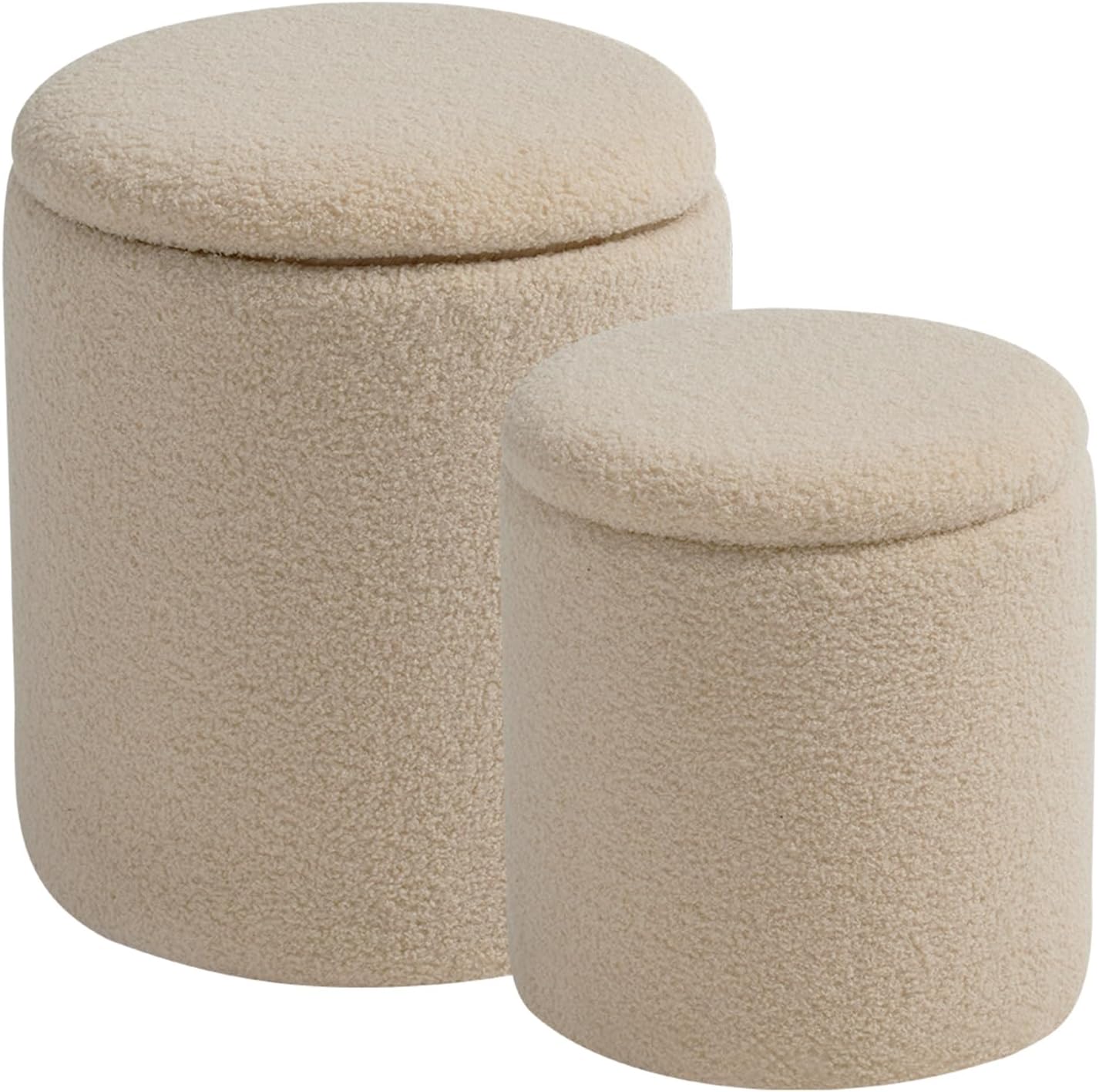Round Set of 2 Ottoman with Storage-Upholstered Velvet Vanity Stool for Makeup Multifunctional Ottomans Coffee Table Padded Seat Foot Rest for Living Room&Bedroom（White）