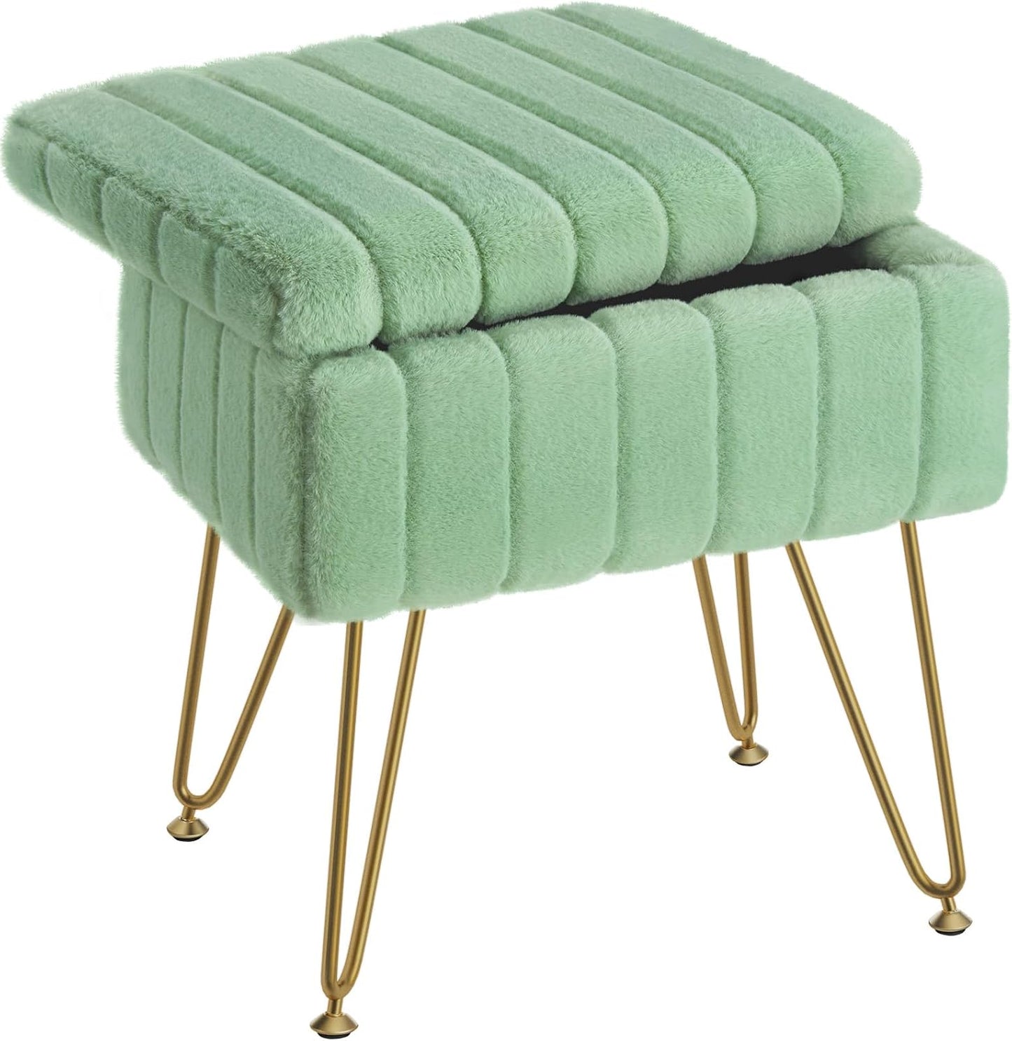 Greenstell Vanity Stool Chair Faux Fur with Storage, 15.7"L x 11.8"W x 19.4"H Soft Ottoman 4 Metal Legs with Anti-Slip Feet, Furry Padded Seat, Modern Multifunctional Chairs for Makeup, Bedroom White