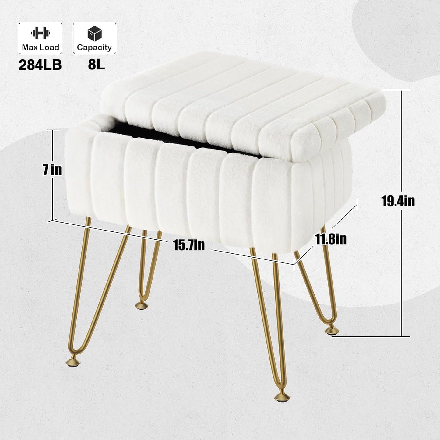 Greenstell Vanity Stool Chair Faux Fur with Storage, 15.7"L x 11.8"W x 19.4"H Soft Ottoman 4 Metal Legs with Anti-Slip Feet, Furry Padded Seat, Modern Multifunctional Chairs for Makeup, Bedroom White
