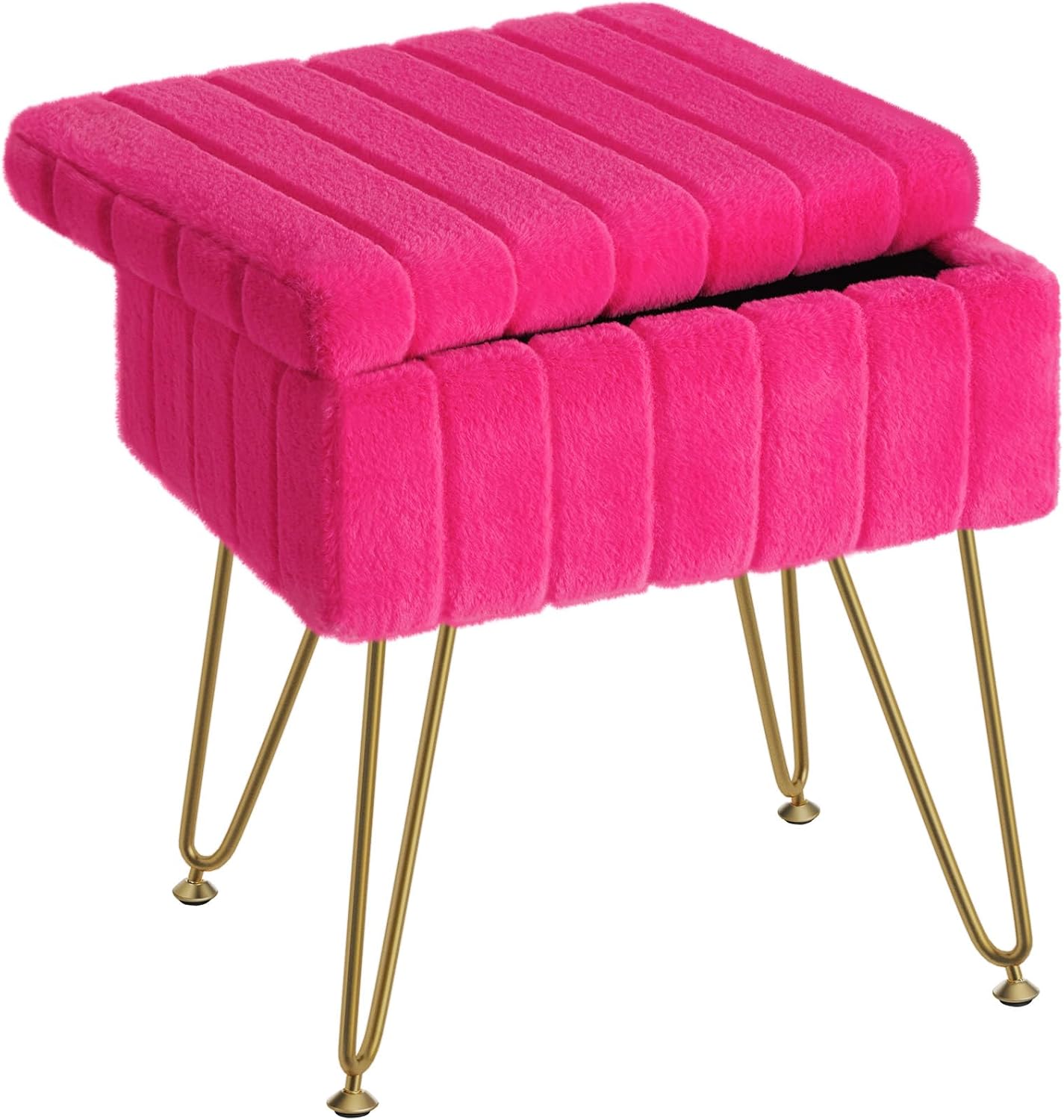 Greenstell Vanity Stool Chair Faux Fur with Storage, 15.7"L x 11.8"W x 19.4"H Soft Ottoman 4 Metal Legs with Anti-Slip Feet, Furry Padded Seat, Modern Multifunctional Chairs for Makeup, Bedroom White