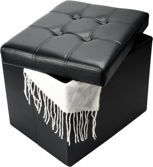 Storage Ottoman, Folding Foot Stool with Thicker Foam Padded Seat Small Leather Storage Ottoman Bench Foot Rest for Living Room Foldable Coffee Table 17x13x13in,Black