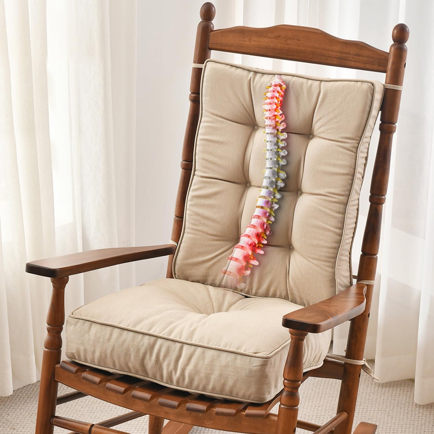 SUNROX Memory Foam Non Slip Rocking Chair Cushion, FadeShield Water Resistant Thicken Durable Tufted Pads, Set of Seat & Back Cushion with Ties for Indoor/Outdoor Rocker, 2 Piece, Cream