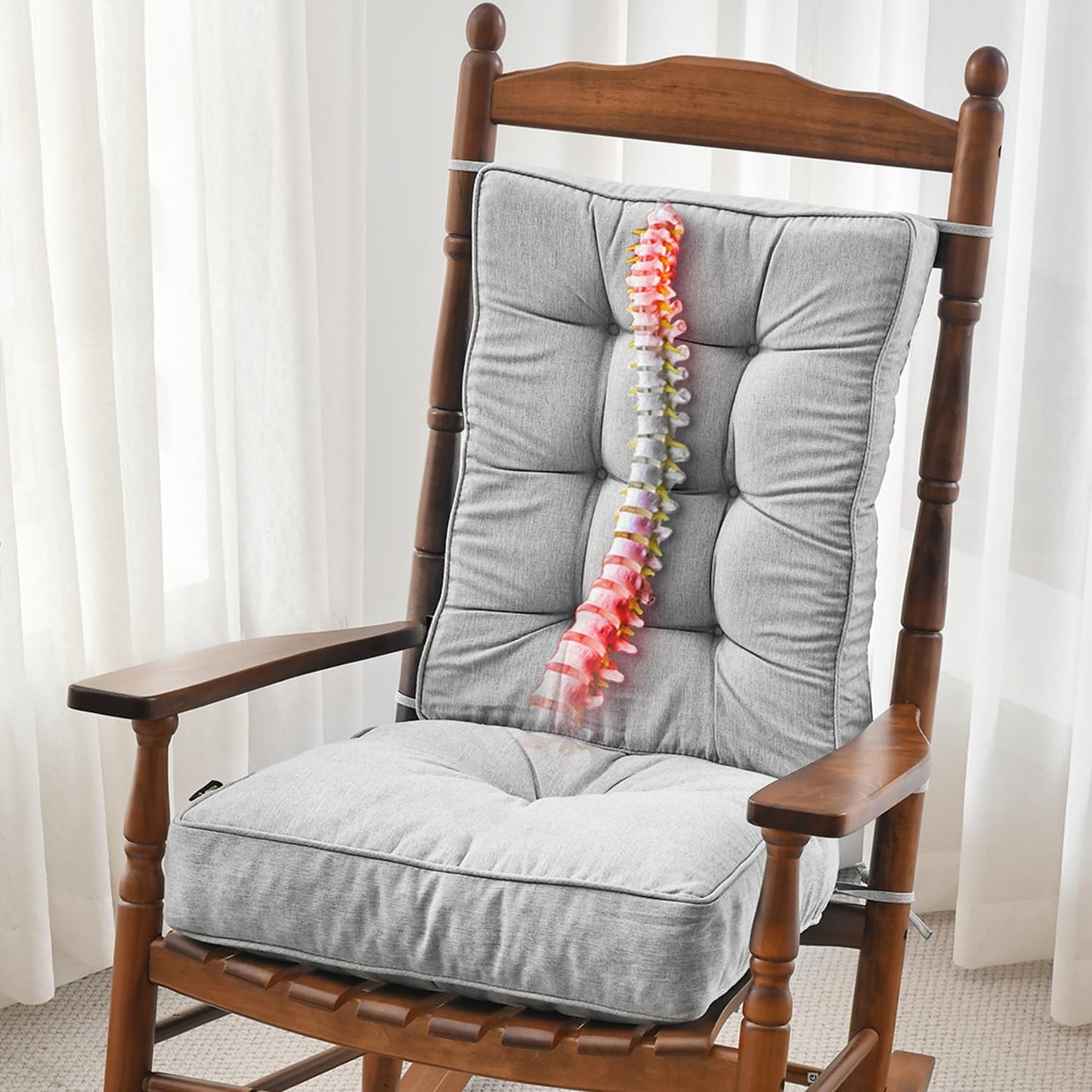 SUNROX Memory Foam Non Slip Rocking Chair Cushion, FadeShield Water Resistant Thicken Durable Tufted Pads, Set of Seat & Back Cushion with Ties for Indoor/Outdoor Rocker, 2 Piece, Cream
