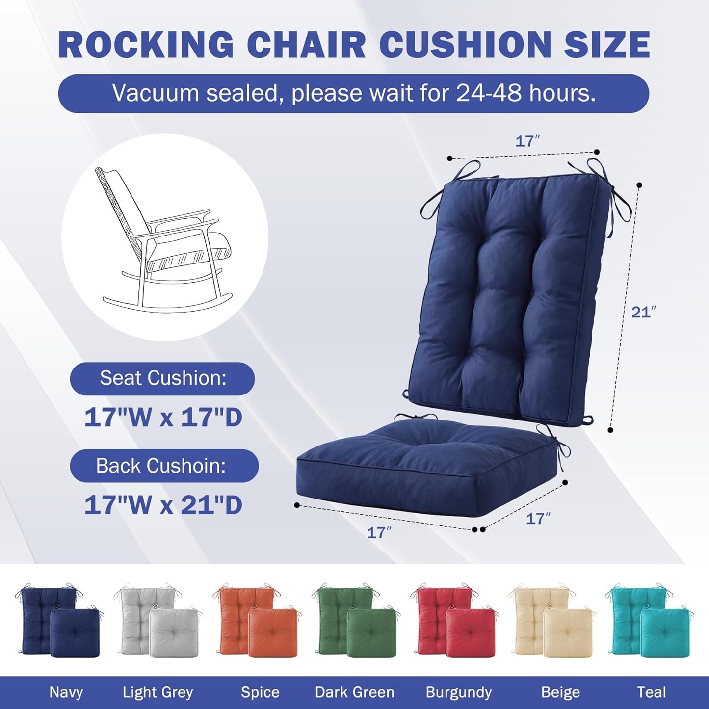 Rocking Chair Cushion Set, Waterproof and Fade-Resistant Patio Chair Cushions, Tufted Chair Pads for Rocker Furniture, 17x17 Inch, Indoor/Outdoor Seat Cushions with Ties, Navy Blue