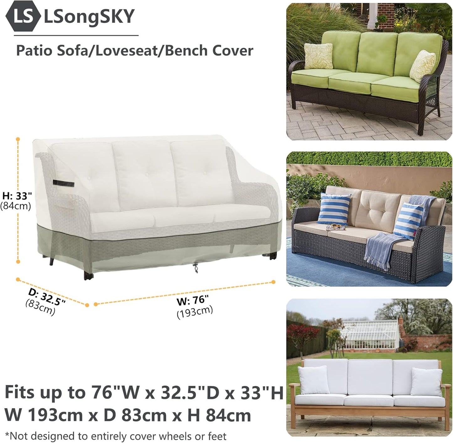 Patio 3-Seater Sofa Cover,Outdoor Couch Cover Fits up to 76W x 32.5D x 33H Inches,100% Waterproof Heavy Duty Patio Furniture Covers,Beige & Gray-Green