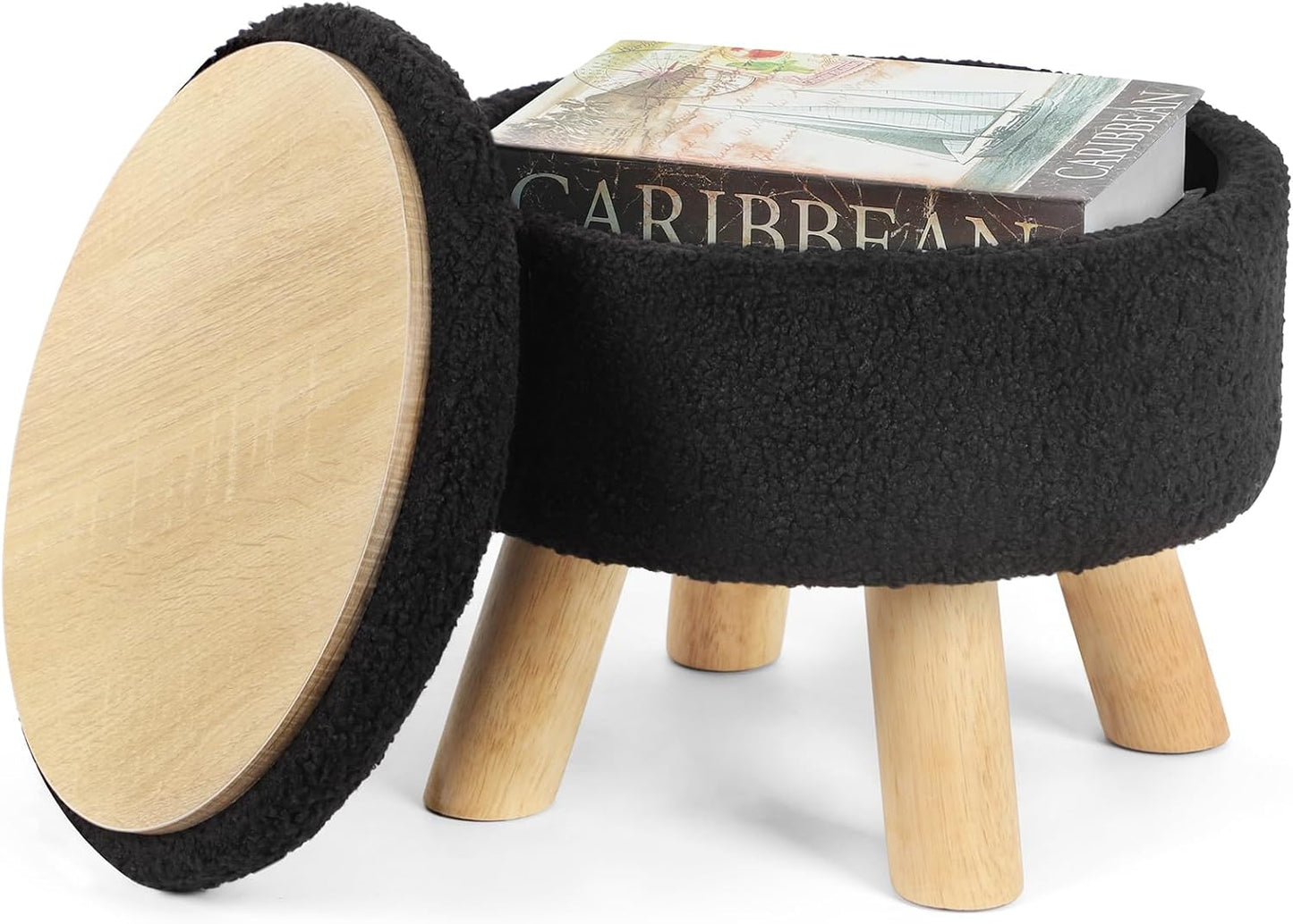 Ottoman Foot Rest, Small Round Ottoman with Storage, Boucle Teddy Velvet Footstool with Wood Legs, Soft Sponge Storage Ottoman for Living Room, Bedroom, Couch, Enterway (Cream)