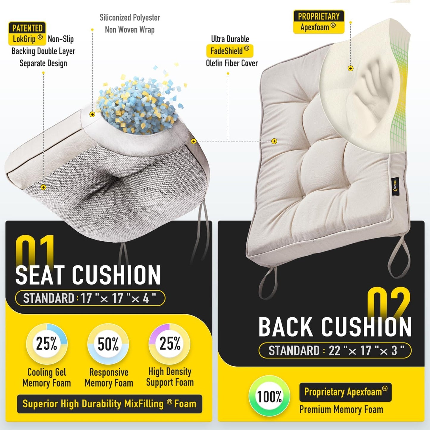 SUNROX Memory Foam Non Slip Rocking Chair Cushion, FadeShield Water Resistant Thicken Durable Tufted Pads, Set of Seat & Back Cushion with Ties for Indoor/Outdoor Rocker, 2 Piece, Cream