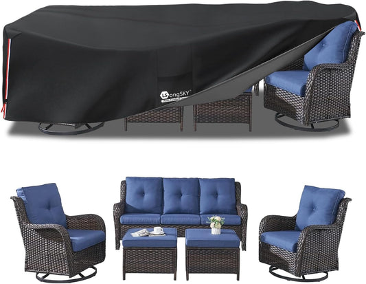 Outdoor Furniture Covers Waterproof,600D Heavy Duty Patio Cover for 6/7/8 PCS Sets Sectional Sofa Couch Dining Rocking Swivel Chairs Ottomans Coffee Table,111L x 74W x 28H inch Black