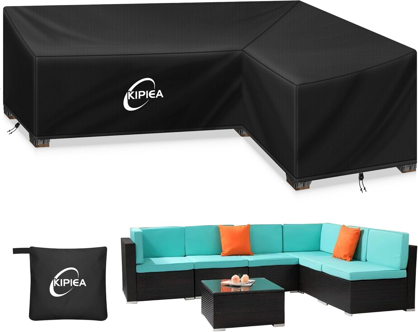 Kipiea Patio V-Shaped Sectional Sofa Cover, 420D Heavy-Duty Oxford Fabric Outdoor Sectional Cover with 6 Windproof Buckles, Anti UV and No Tears, No Fading (85"/85" L x 33.5" D x 31" H) Black