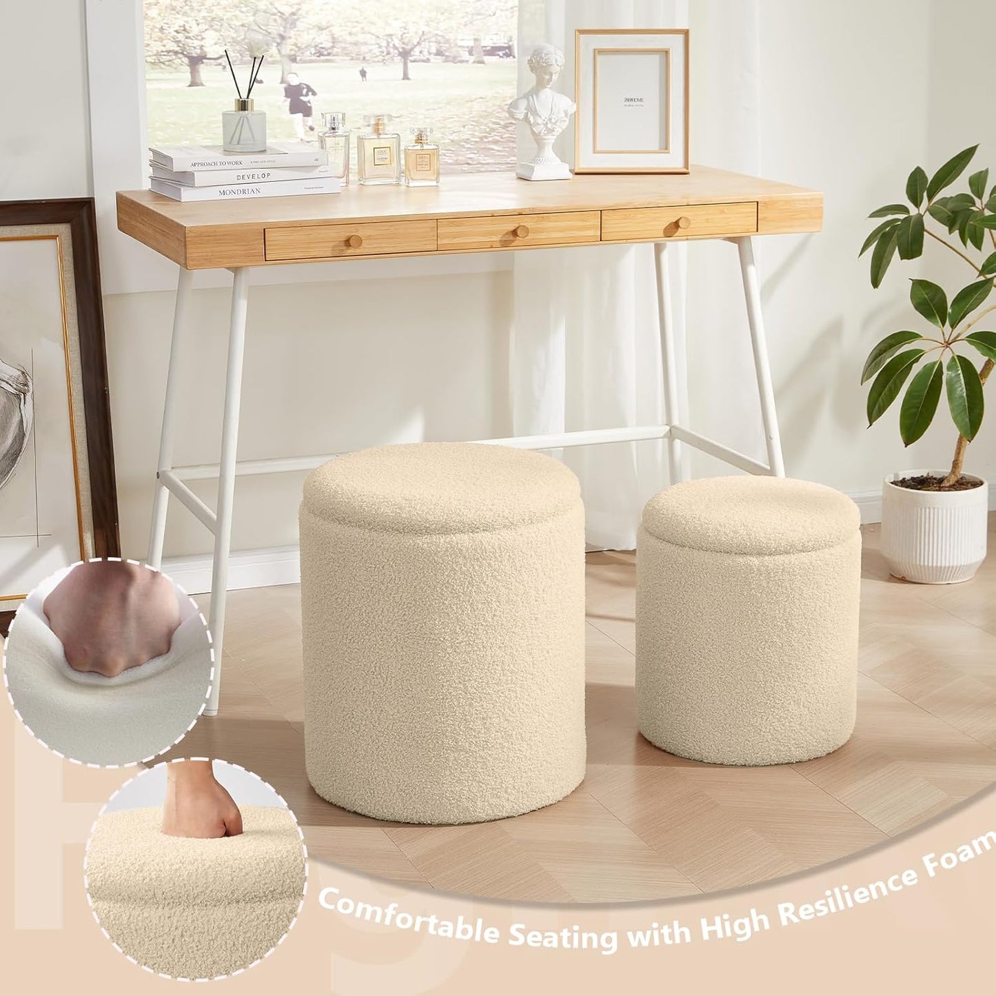 Boucle Round Ottoman with Storage Set of 2,Small Foot Stool Ottoman for Living Room, Small Coffee Table,Vanity Stool with Storage for Bedroom, Beige