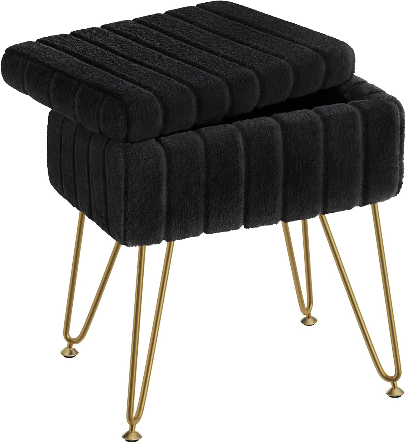 Greenstell Vanity Stool Chair Faux Fur with Storage, 15.7"L x 11.8"W x 19.4"H Soft Ottoman 4 Metal Legs with Anti-Slip Feet, Furry Padded Seat, Modern Multifunctional Chairs for Makeup, Bedroom White