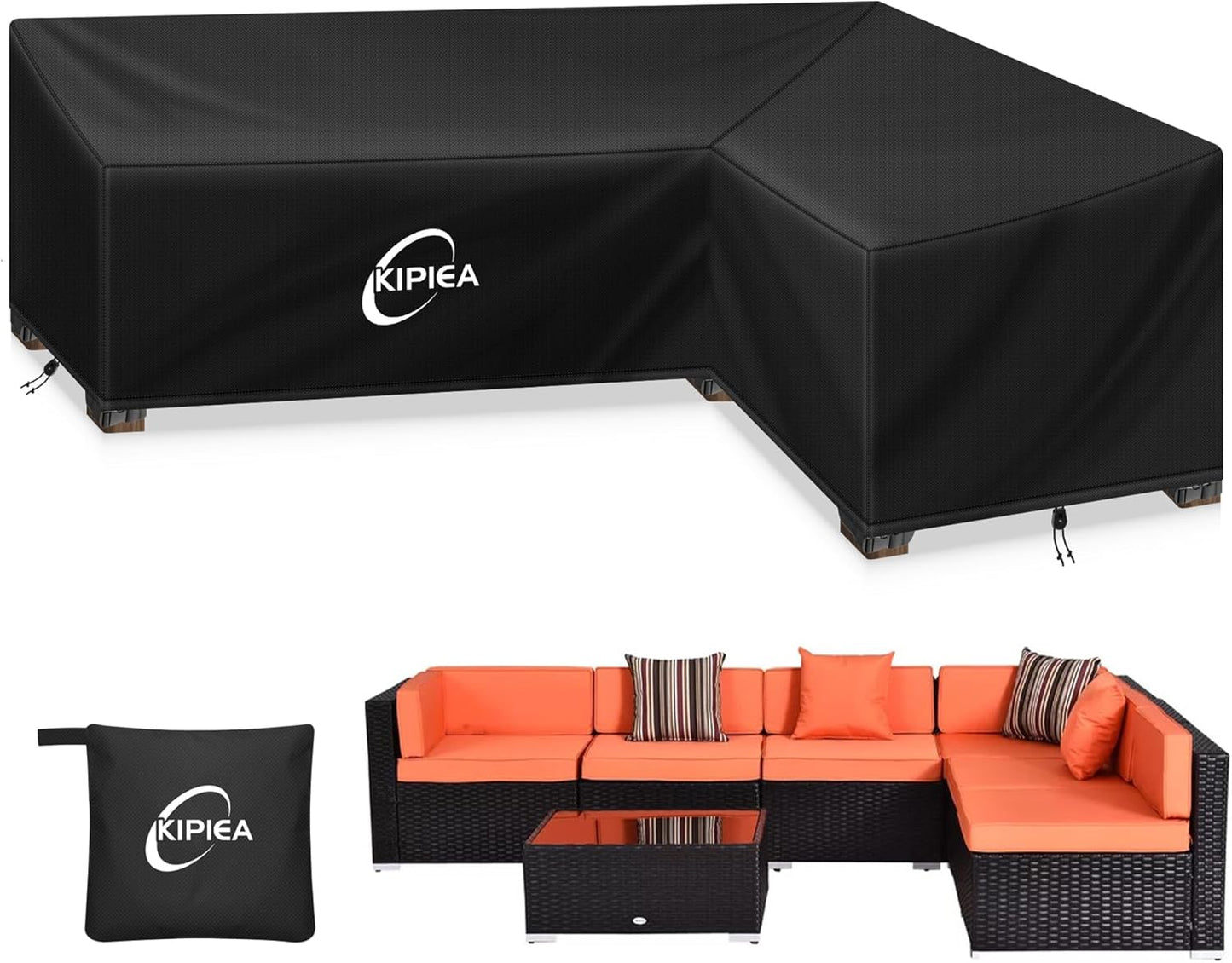 Kipiea Patio V-Shaped Sectional Sofa Cover, 420D Heavy-Duty Oxford Fabric Outdoor Sectional Cover with 6 Windproof Buckles, Anti UV and No Tears, No Fading (85"/85" L x 33.5" D x 31" H) Black