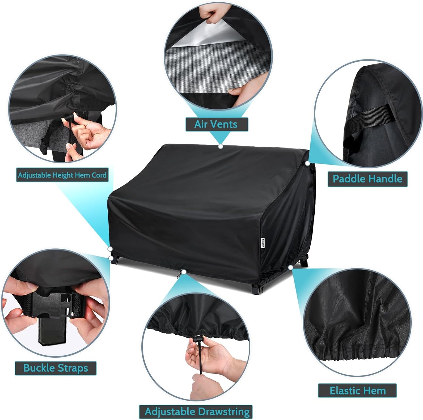 Waterproof 88W×40D×33H Outdoor Sofa Cover - Heavy-Duty 3-Seater Patio Bench Protector, Fits 86-88 Inch Furniture with Anti-Wind Straps & Air Vents, All-Weather Black