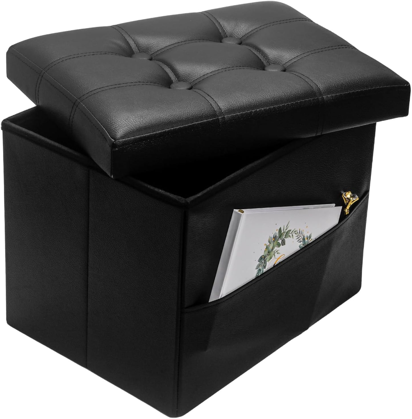 Storage Ottoman, Folding Foot Stool with Thicker Foam Padded Seat Small Leather Storage Ottoman Bench Foot Rest for Living Room Foldable Coffee Table 17x13x13in,Black
